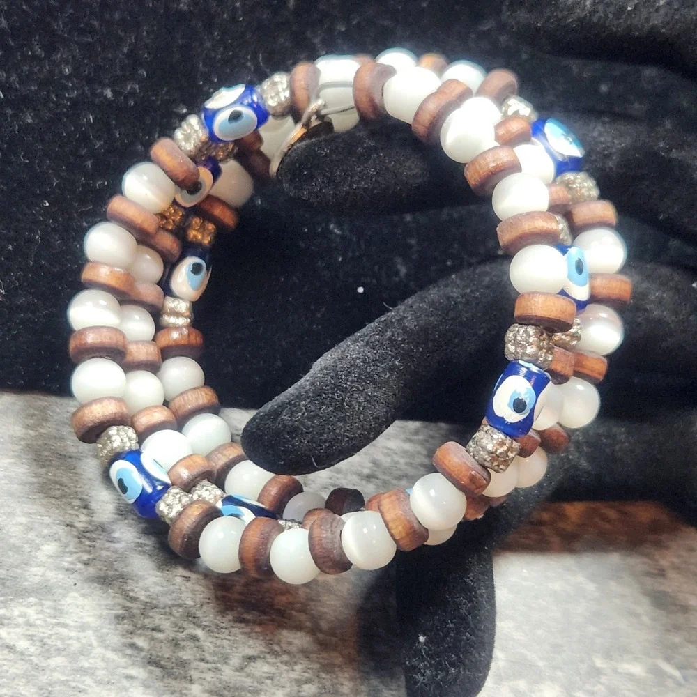 Evil Eye Wood Bead Wrap Bracelet Triple Strand Boho Protection Charm Blue White